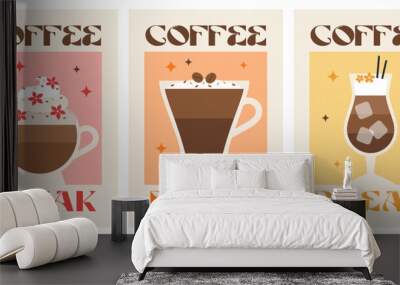 Coffee break posters set. Coffee with milk, latte, cappuccino, americano, flat white. Colorful wall art. Retro posters with drink. Modern trendy print. Cute design. Vector illustration Wall mural