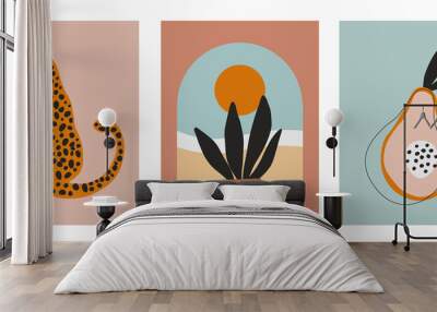 digital art illustrations with cheetah, leopard, planr and sun, nature and fruit. minimalist line ar Wall mural