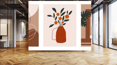 Set of vector posters with abstract art, orange tree and summer landscape. Minimalist modern prints for wall art, posters, greeting cards. Wall mural