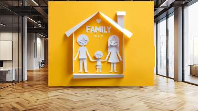 Family day concept. Paper cut of happy family with home on yellow background. Celebrating International Family Day on May 15. Wall mural