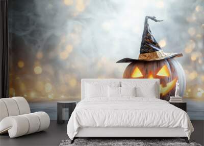 Halloween pumpkin head jack lantern with witch hat on bokeh background Wall mural