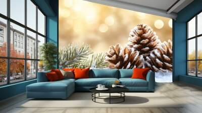 Pine cones and fir branches in snow on bokeh background Wall mural