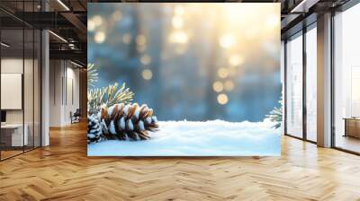 Pine cones on snow with bokeh background in winter forest. Winter scene. Wall mural