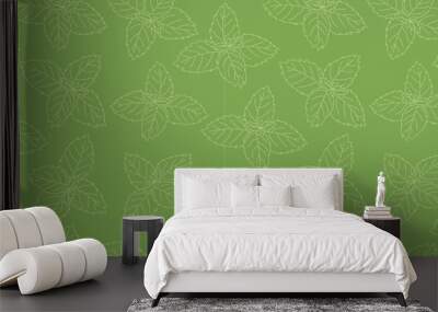 Seamless pattern of mint leaf icon. Isolated illustration of a mint leaf icon in linear style on a green background Wall mural