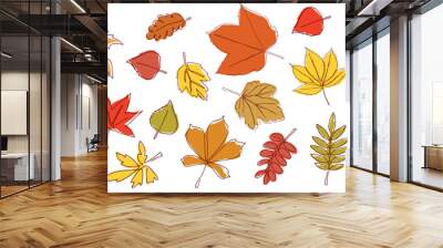 Set of bright autumn leaves drawn in a continuous line. Autumn leaf in one line style. Flower sketch. Composition of various leaves. Simple contour leaves. Vector illustration  Wall mural