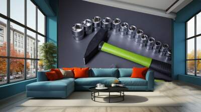 A set of building tools and instruments for repair in black and green colour. Must-have for men. Equipment for building. Repair tool kit. construction concept. gray background . High quality photo Wall mural