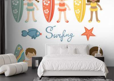 Cute collection of surfing kids Wall mural