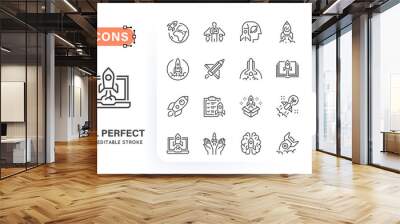 Line creative icons of rocket with various symbols. Set contains such icons as rocket launch, startup, businessman, goal and more. 256x256 pixel perfect. Editable stroke. Wall mural