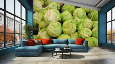 Group of green cabbages in a supermarket Wall mural