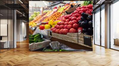 Vegetable farmer market counter: colorful various fresh organic healthy vegetables at grocery store. Healthy natural food concept Wall mural