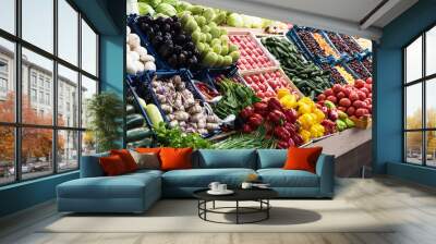 Vegetable farmer market counter: colorful various fresh organic healthy vegetables at grocery store. Healthy natural food concept Wall mural