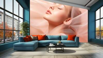 Beautiful young woman face with closed eyes on pastel pink glowing background. Beauty skin care make up cosmetics concept banner Wall mural