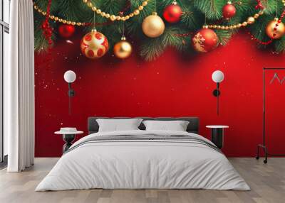 Christmas New Years greeting card long banner with fir tree branches red ornaments balls garland on dark crimson background. Template with copy space Wall mural