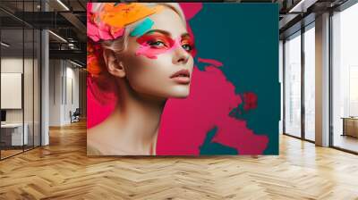 Colorful banner with beautiful woman face with artistic makeup and paint splashes. Beauty fashion cosmetics interior decor concept Wall mural