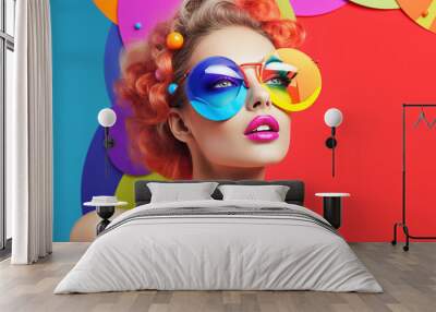 Colorful banner with beautiful woman in multicolored sunglasses on multicolored background. Wall mural