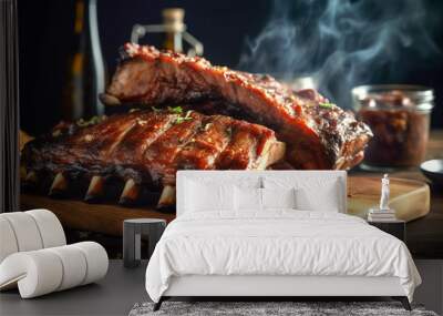 Delicious barbeque pork ribs glazed with sticky spicy sauce on wood cutting board. Traditional American cuisine dish. Hearty comfort food Wall mural