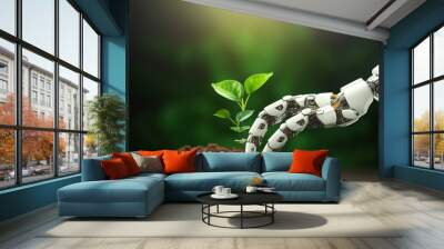 Robotic hand planting a tree in earth. Artificial intelligence technology sustainable development goals ethics concept. Environmental concept Wall mural