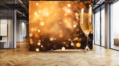 Two flute glasses with sparkling champagne on golden background with golden bokeh lights confetti glitter. New Years eve celebration concept Wall mural