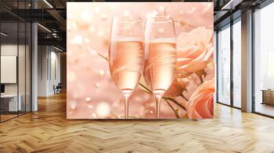 Two flute glasses with sparkling champagne pink roses on golden background with golden bokeh lights confetti glitter. Valentine's day celebration concept Wall mural