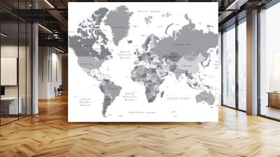 world map, shades of grey, Illustration showing country names, State names (USA & Australia), capital cities, major lakes and oceans. Print at no less than 36