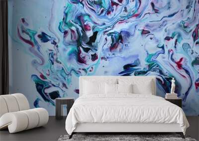 Abstract background in pastel cool colors with mixed paint. Volumetric acrylic texture with marble pattern. Mixing blue, white and other colors creates an interesting structure. Contemporary art, desi Wall mural