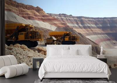 A potash mining site featuring large industrial machinery and stratified mineral deposits. Highlights the expansive mining terrain with varied mineral colors and textures Wall mural