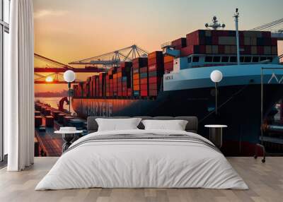 Imposing cargo ship with rows of multicolored shipping containers being offloaded at a busy port as the sun sets, leaving room for text placement Wall mural