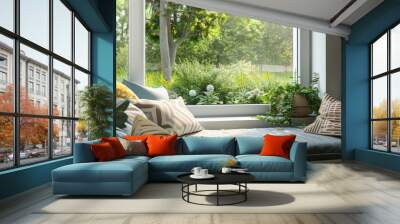 A cozy reading nook with a window seat and a view of a peaceful garden  raw AI generated illustration Wall mural