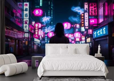 A silhouette of a person in front of neon signages AI generated illustration Wall mural