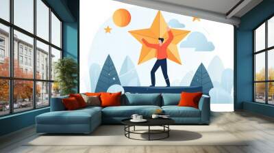 Business goal and achievement success concept with a man holding a dart hitting the center of a target with numbers on a grey background Wall mural