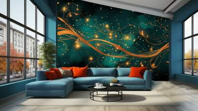 abstract cosmos background with stars light golden wavy lines hues of blue orange dots space galaxy symbol decoration wallpaper pattern softness ripple sky dreamlike fantasy backdrop illustration Wall mural