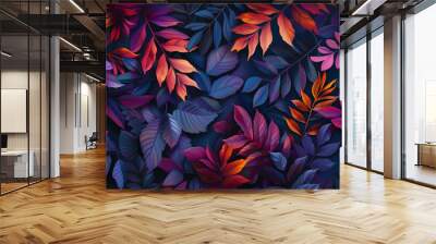 colorful autumn leaves background pattern wallpaper blue purple orange vivid bold texture nature shiny neon glossy design plant illustration light dark contrast dreamlike magic abstract drawing Wall mural