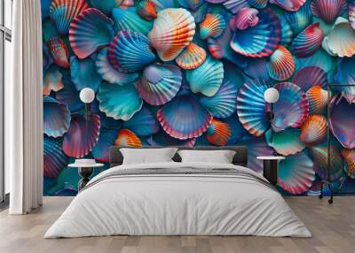 colorful shellfish background iridescent pattern wallpaper blue orange turquoise purple vivid bold texture nature shell mollusk sea ocean neon glossy design illustration holographic foil light  Wall mural