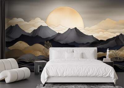 dream background with full moon over mountains, japanese drawing, glowing light in sky, clouds, golden lines waves, yellow black grey soft, imaginary magic dreamlike fantasy, fairy tale landscape Wall mural