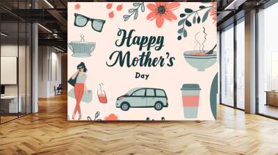 happy mothers day background with a set of illustration elements icons for a modern mom, travel, car, sunglasses handbag, coffee, flowers, smartphone, love, card banner, light cream backdrop Wall mural