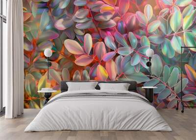 leaves background iridescent metallic colorful pattern wallpaper orange green yellow shiny sparkling neon glossy vivid bold texture nature design plant holographic foil light contrast Wall mural