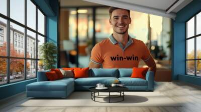 win-win sign on an orange polo shirt of a young man standing in an office for a meeting, fit handsome professional with large smile brown hair, happy friendly smiling employee in corporate company Wall mural