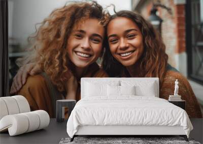 Portrait of two happy young women Wall mural