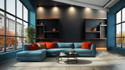 Three empty niches or shelves on black wall with LED spotlight Wall mural