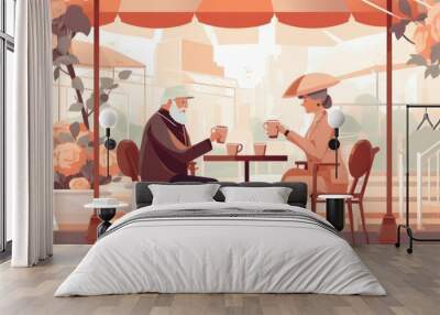 Vector illustration of elderly couple drinking coffee Wall mural