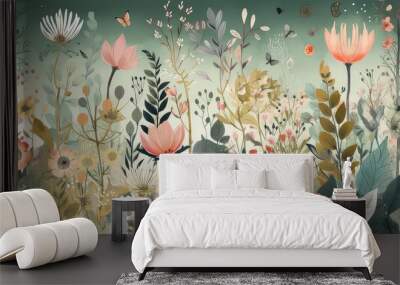 Whimsical garden with playful flowers and greenery Wall mural