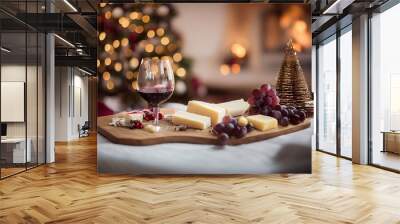 Wine and cheese on a table christmas background Wall mural