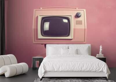 Woman with a pink retro television as her head Wall mural