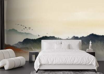 Chinese style Oriental ink painting,Ink landscape painting with warm colors in sunny days， traditional classical ink painting Wall mural