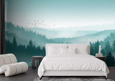 Pine forest illustration background in green Mountains，Forest illustration Wall mural