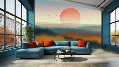 Warm orange watercolor landscape paintings in autumn. Color ink landscape painting. Wall mural