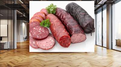 Assortment of german homemade sausage specialties: hard cured salami, liver sausage (Leberwurst), blood sausage (Blutwurst) and salami, isolated on white Wall mural