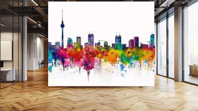 Berlin skyline in watercolor. Colored graffiti-esque, splatter paintings, bold colours, white background, spectacular backdrops Wall mural