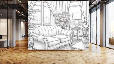 Black and white clean coloring page for adults, cozy living room Wall mural