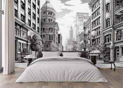 black and white clean coloring page for adults, street shot of downtown, Moscau Wall mural